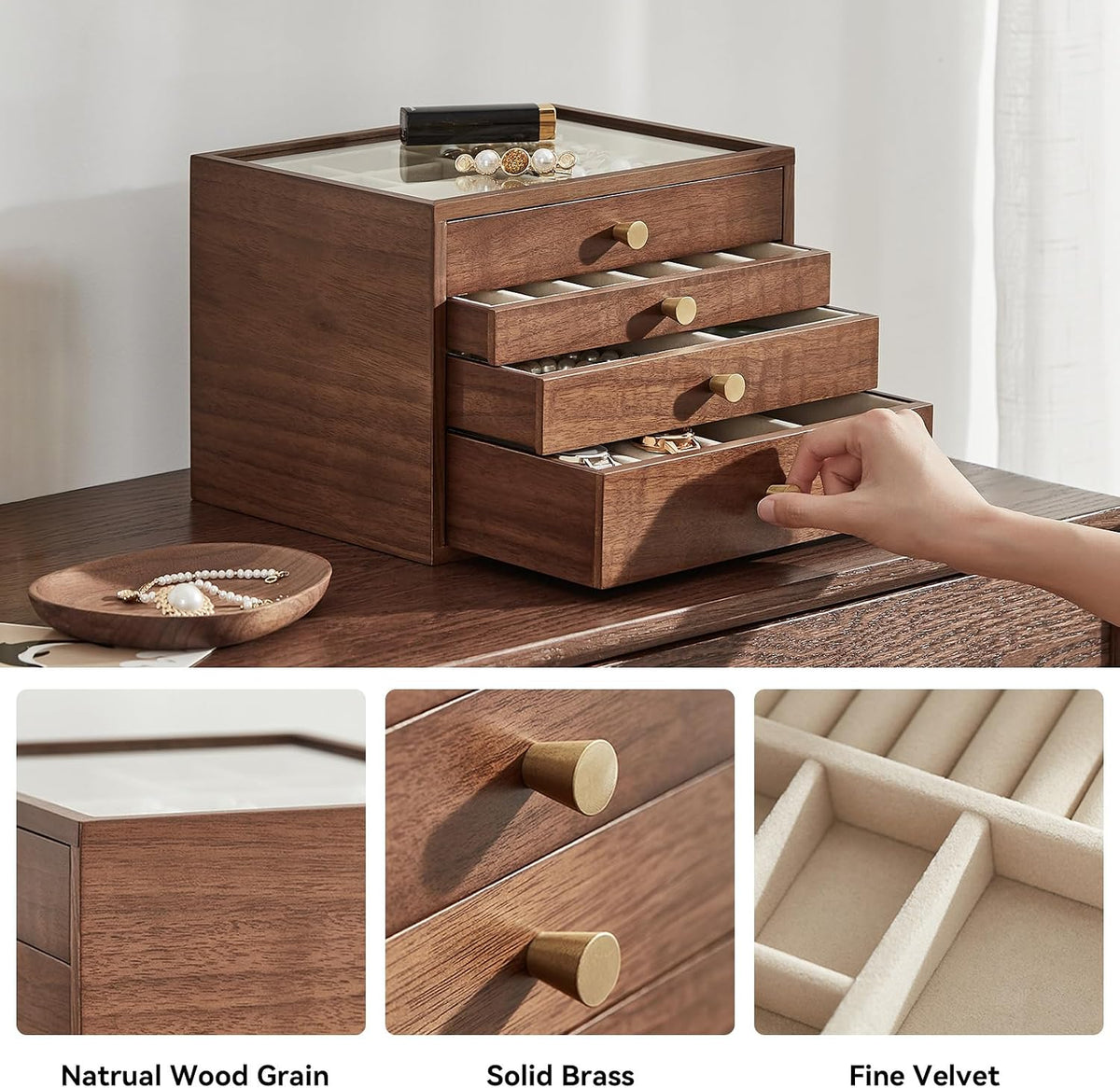 Black Walnut Wooden Women Jewelry Box with Glass Lid, 4 Layer
