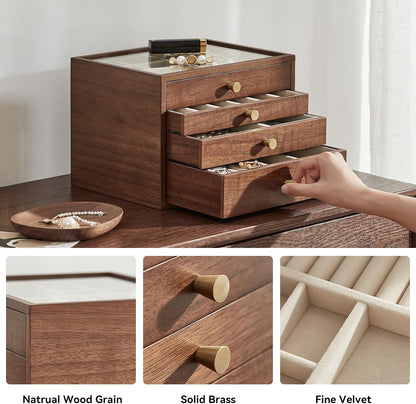 Black Walnut Wooden Women Jewelry Box with Glass Lid, 4 Layer