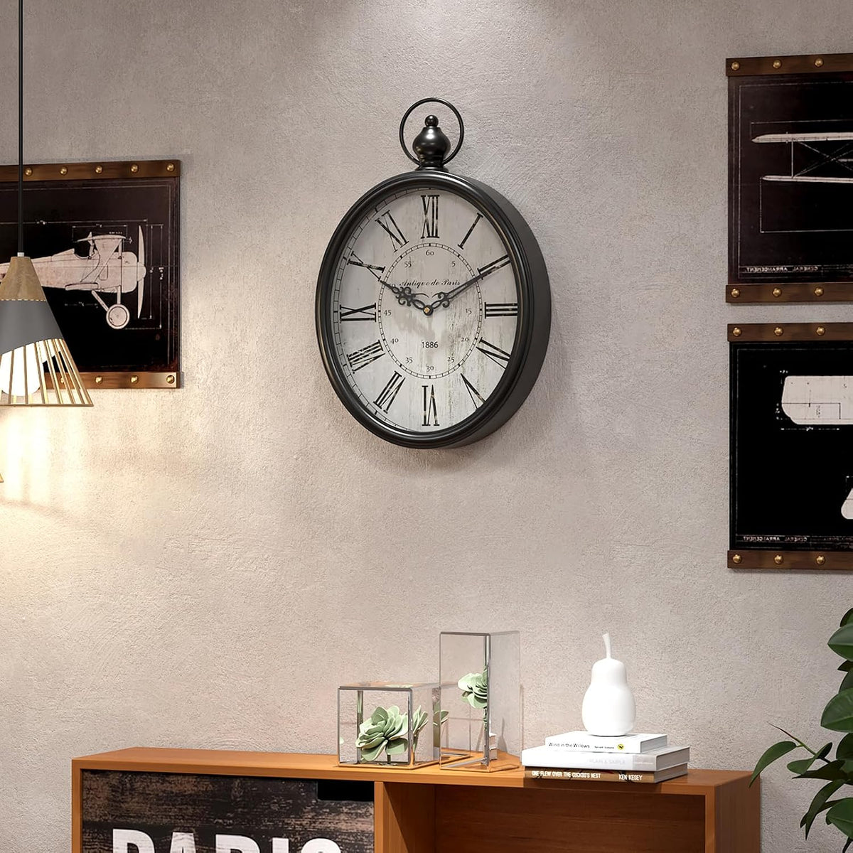 Menterry Large Oval Retro Wall Clock, Rustic Vintage Style, Antique Black