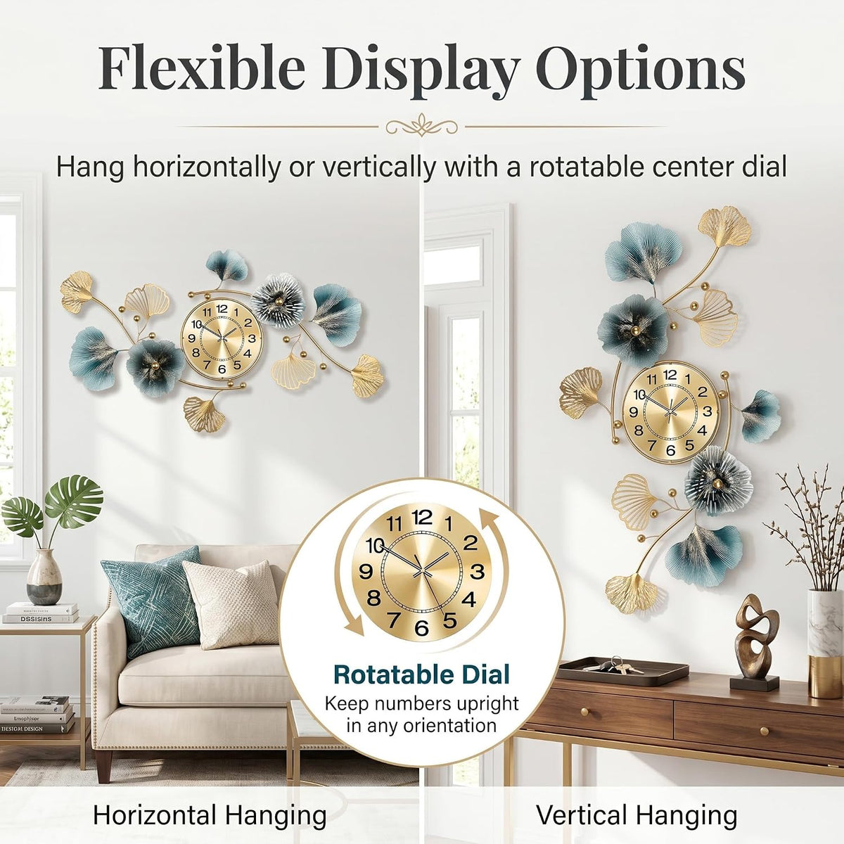 33" 3D Ginkgo Leaf Metal Wall Clock for Home Wall Decor
