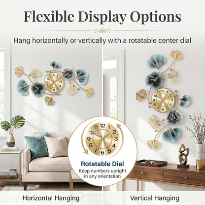 33" 3D Ginkgo Leaf Metal Wall Clock for Home Wall Decor