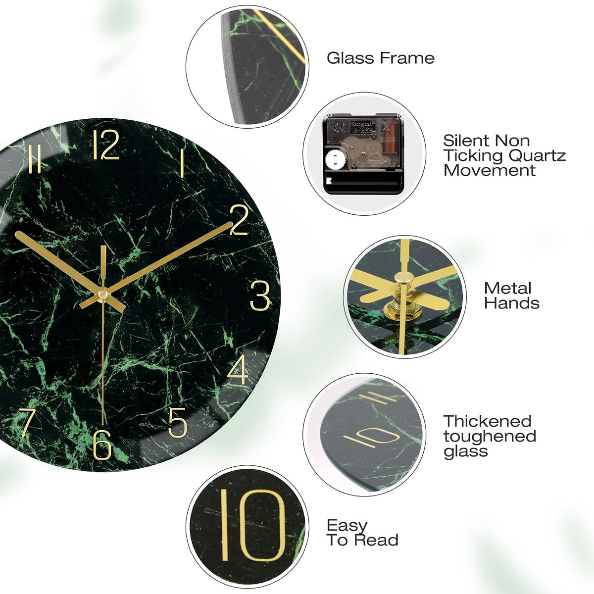 VIKMARI 12inch Emerald Green Abstract Marble Glass Wall Clock Kitchen Decor
