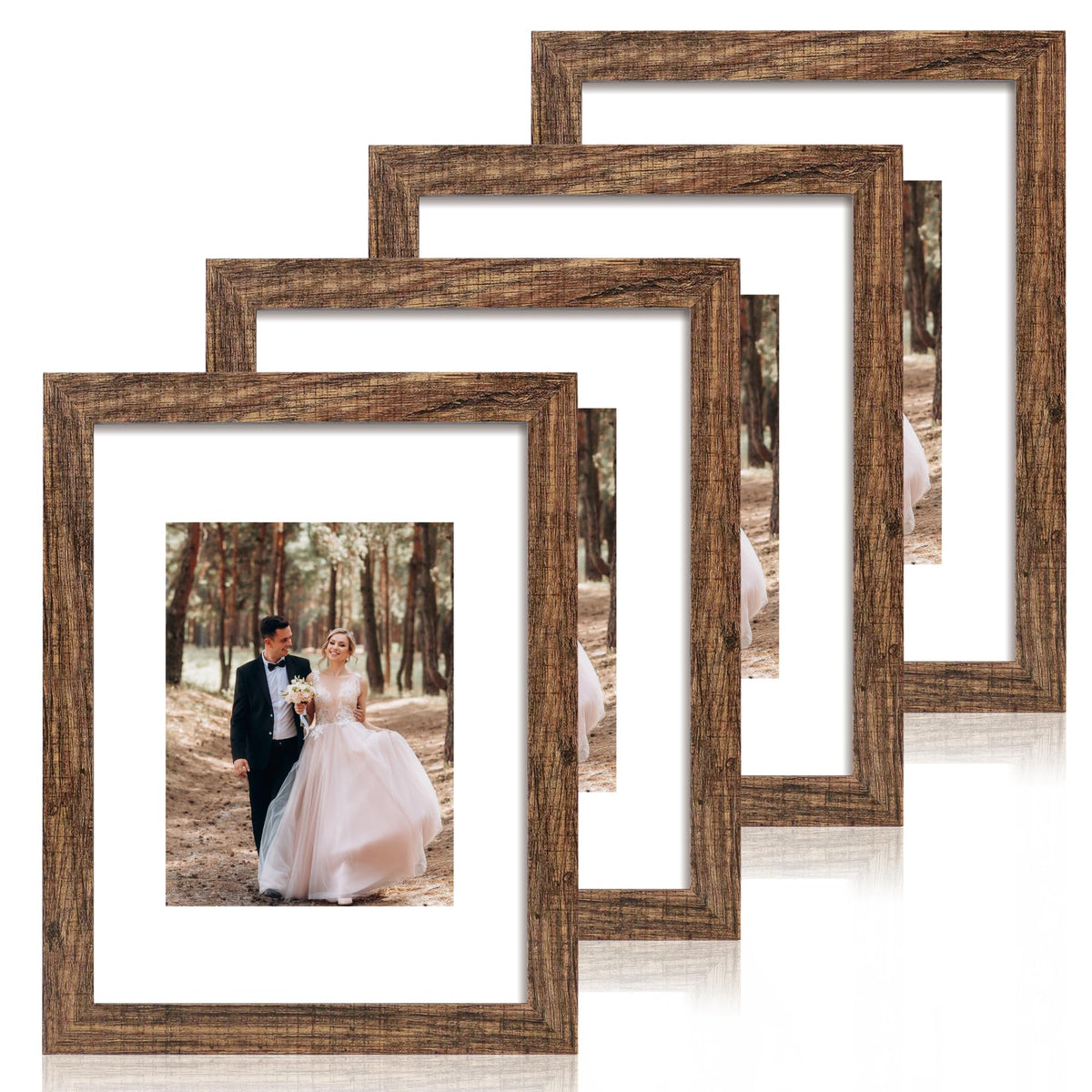 iRahmen 5x7 Picture Frame Set of 4, High Definition Real Glass Rustic Brown Frame, 5 x 7 Wood Photo Frames for Tabletop Display and Wall Mounting