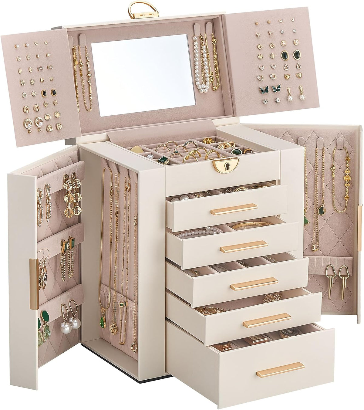 Lolalet Large Jewelry Box, 6-Layer Jewelry Organizer with 5 Drawers -Beige