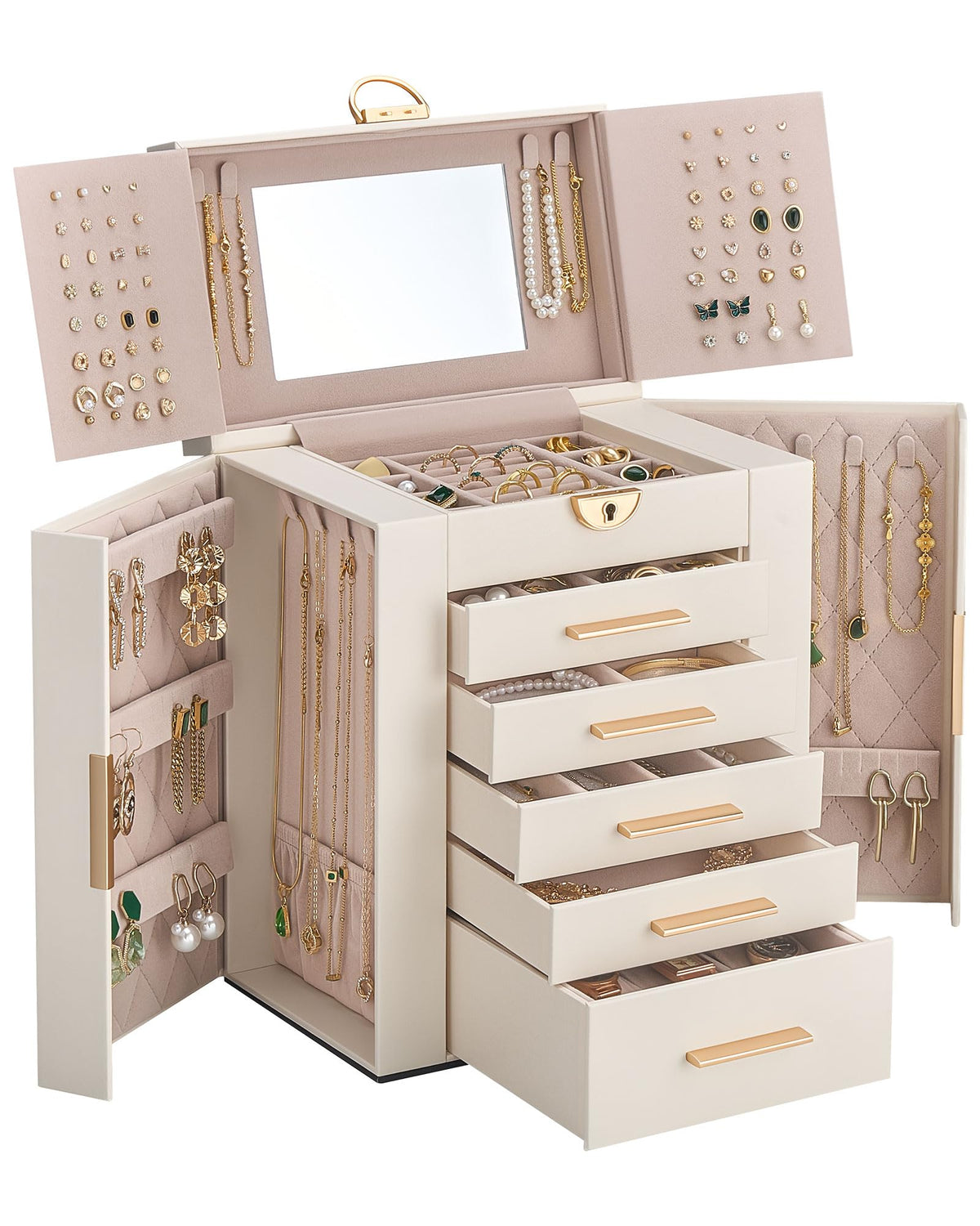 Lolalet Large Jewelry Box, 6-Layer Jewelry Organizer with 5 Drawers -Beige