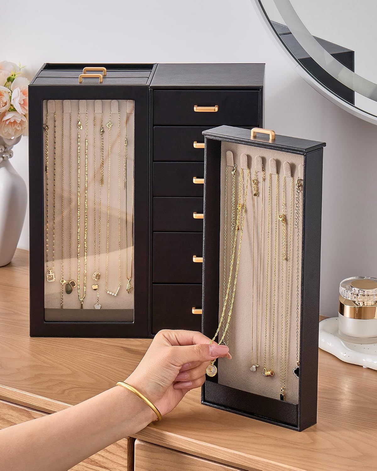 Lolalet Large Jewelry Box Organizer for Women, PU Leather Jewelry Case with Necklace Holder & Multiple Drawers, Tabletop Dresser Storage for Earrings Rings Chains, Gift for Girls -M, Black