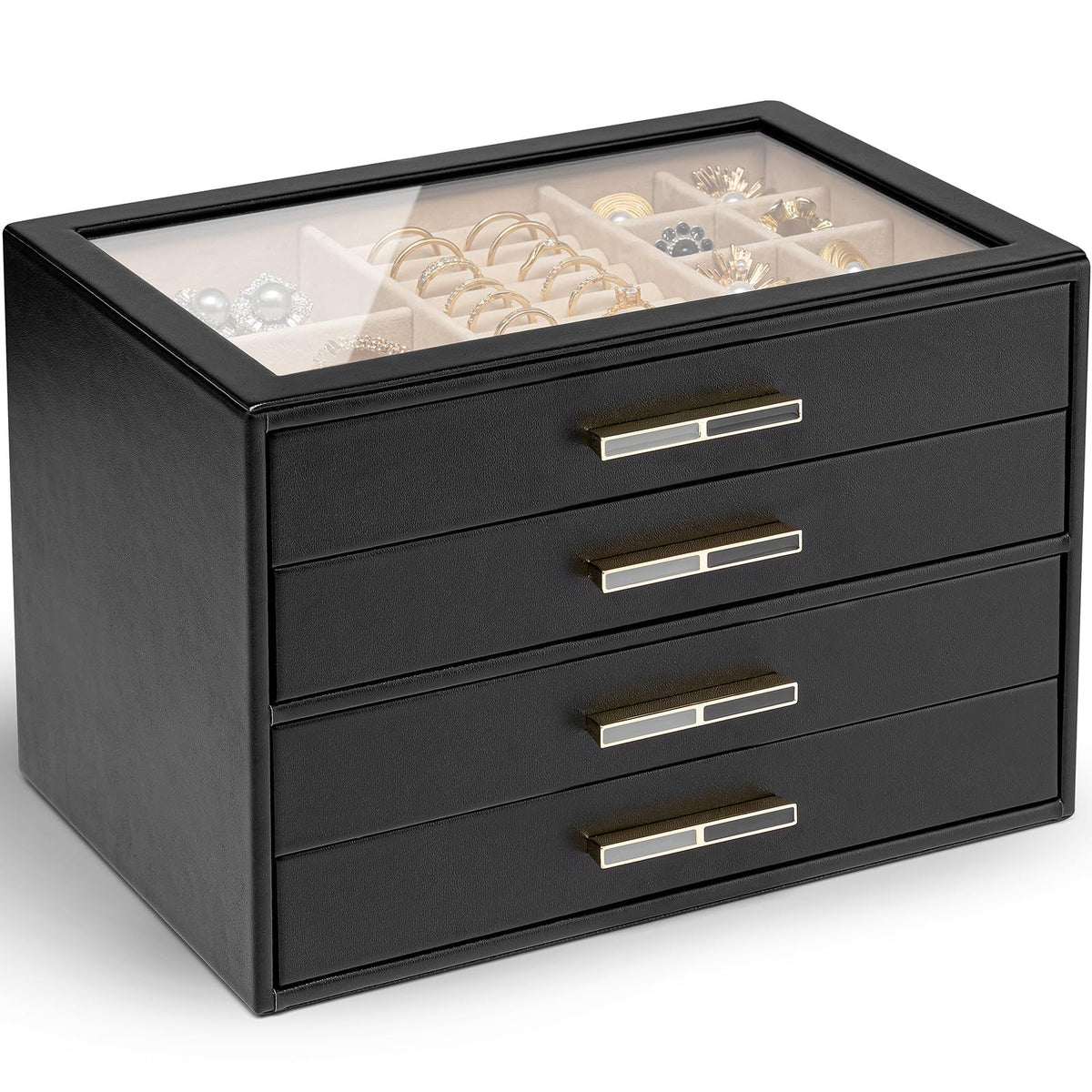 VLANDO Jewelry Box Organizer, 3-Layer Storage Drawers, Glass Window, Modern