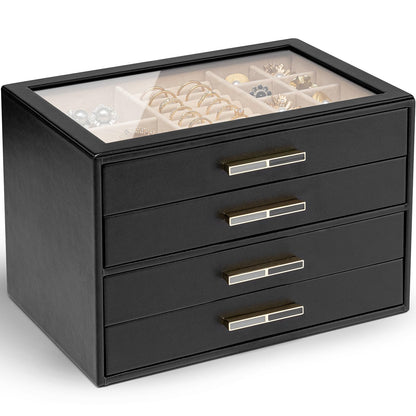 VLANDO Jewelry Box Organizer, 3-Layer Storage Drawers, Glass Window, Modern