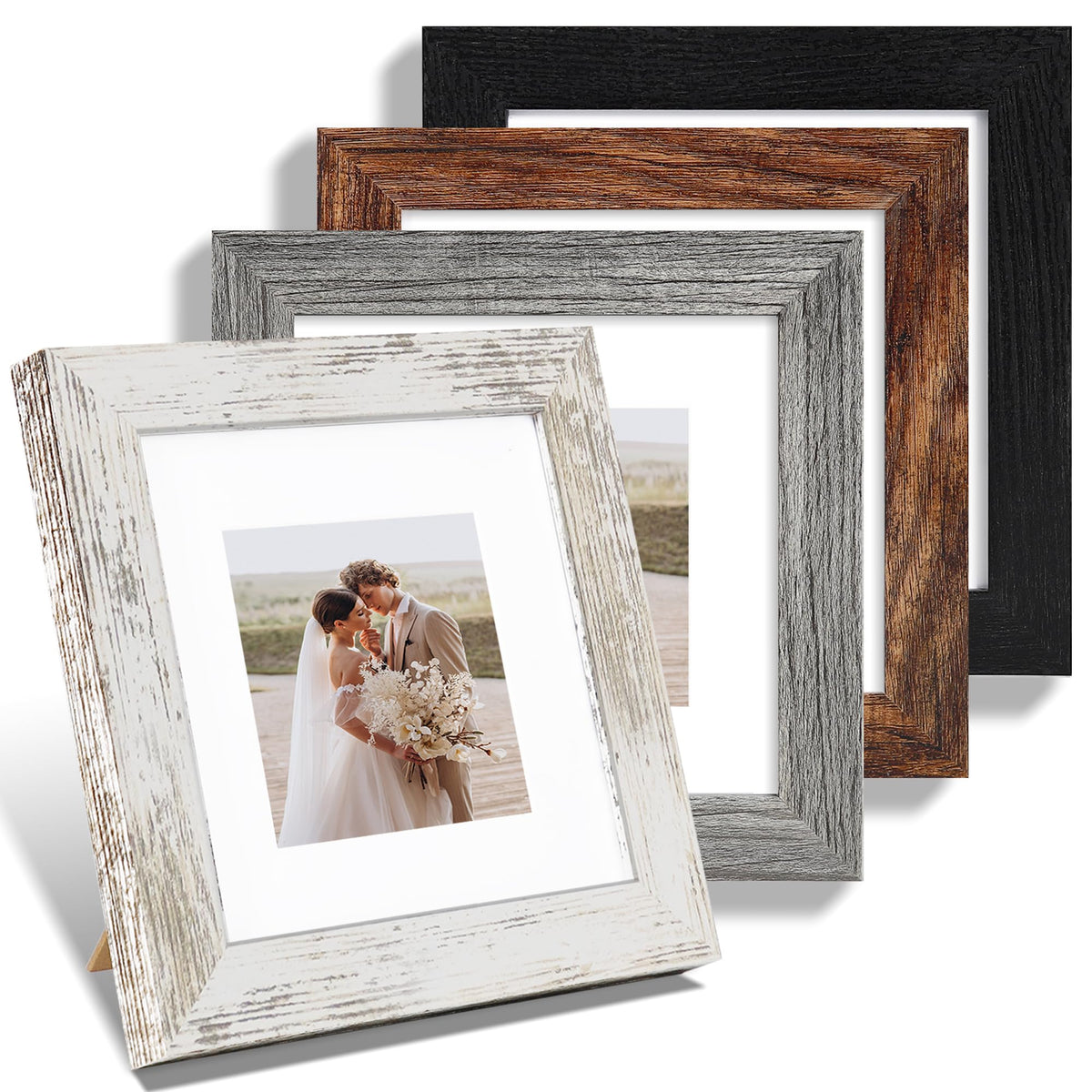 Hongkee 5x7 Picture Frame Set of 4, Real Glass and Wooden Frame, 4x6 Mat