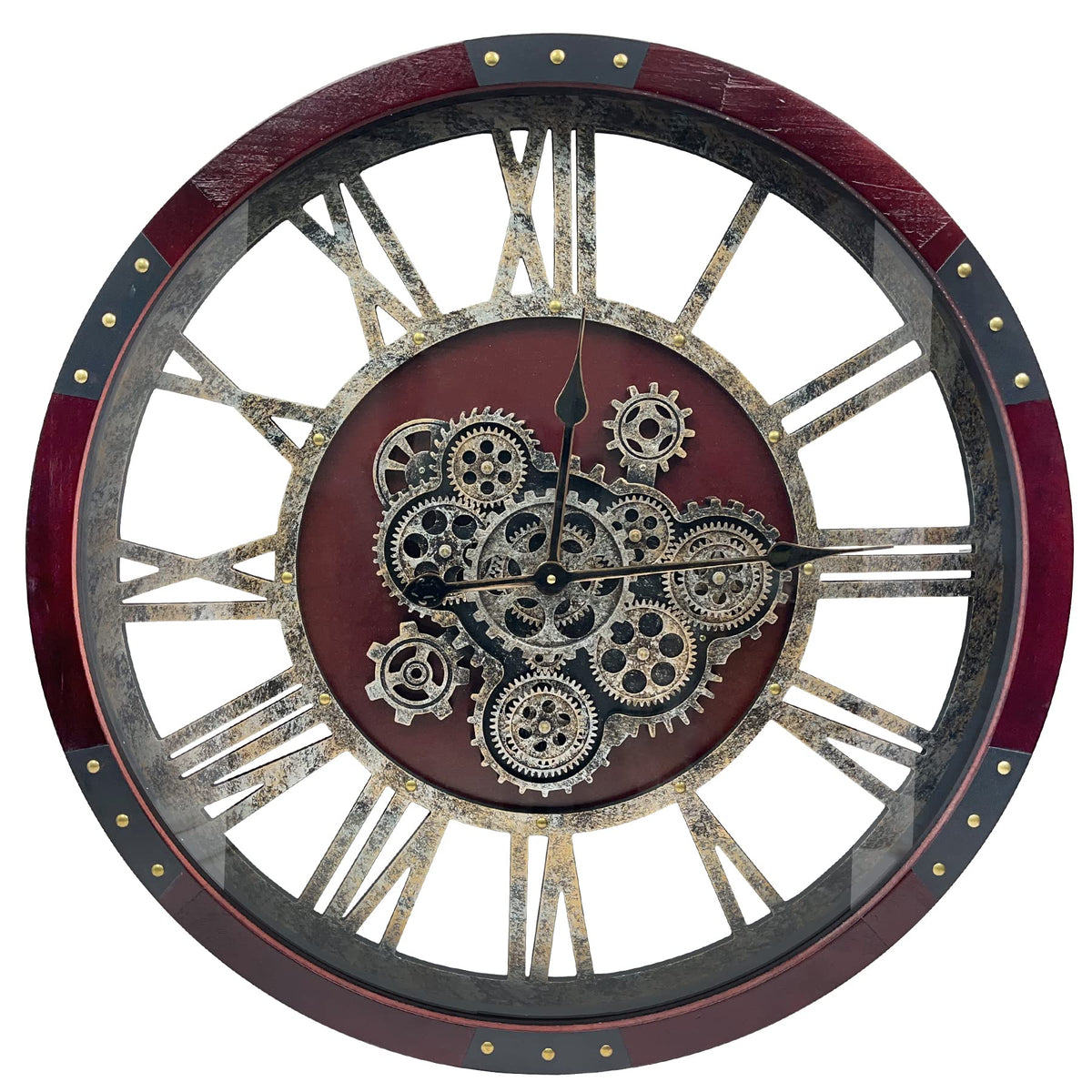 27 inch Large Real Moving Gears Wall Clock with Toughened Glass Cover, Oversized Solid Wood Retro Farmhouse Clock, Giant Decorative Rustic Wall Clock for Living Room Home Kitchen Office (Black)