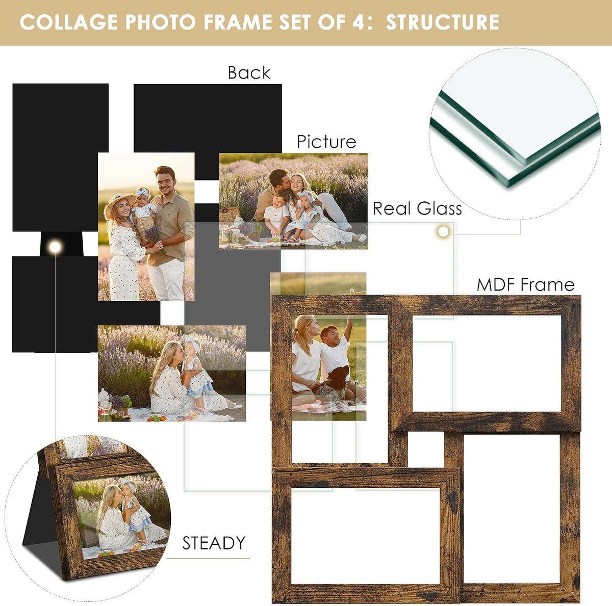 DUENPY 4x6 Collage Frame Tempered Glass For 4 4x6 Photos Brown