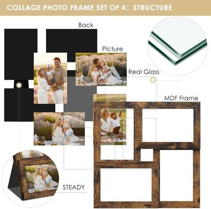 DUENPY 4x6 Collage Frame Tempered Glass For 4 4x6 Photos Brown