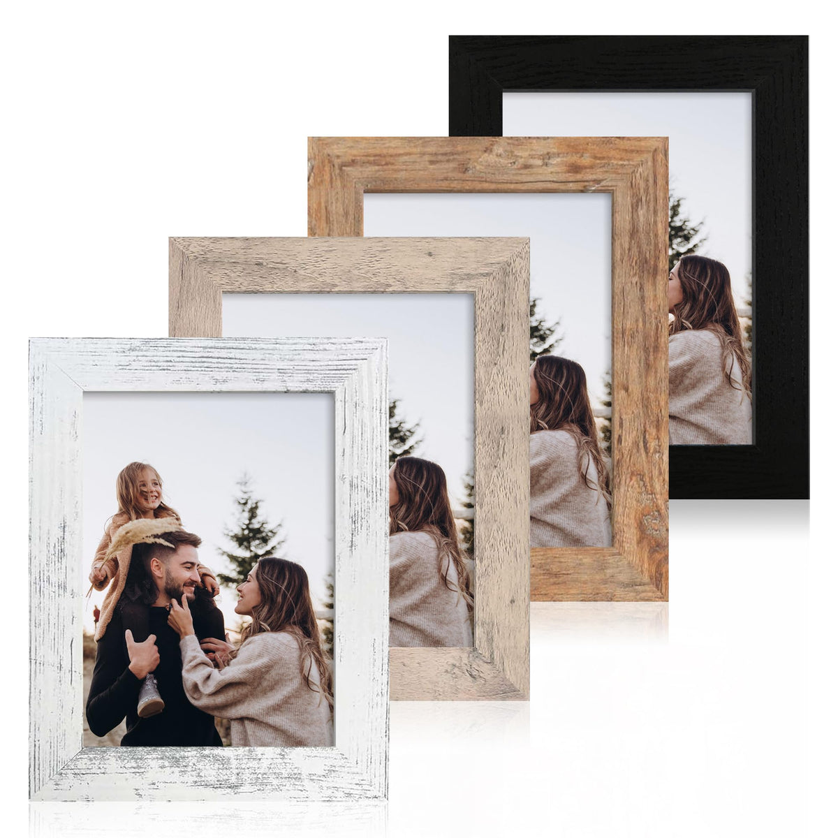 iRahmen 5x7 Picture Frame Set of 4, High Definition Real Glass Rustic Brown Frame, 5 x 7 Wood Photo Frames for Tabletop Display and Wall Mounting
