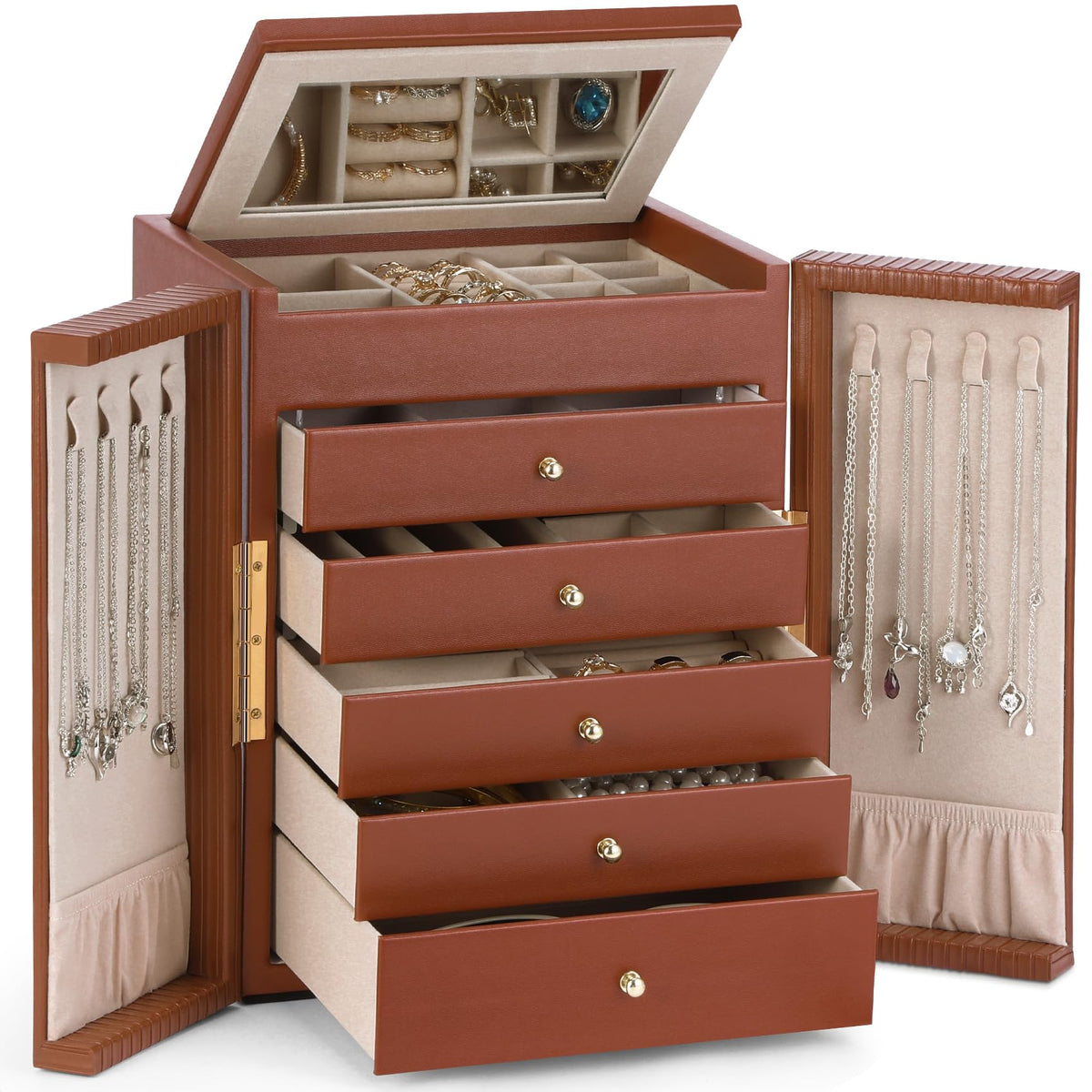 Dajasan Large Jewelry Organizer Box, Jewelry Boxes for Women Girls, 6-Tier Jewelry Storage Organizer with Mirror for Necklace Ring Bracelet Watch, Gift Idea (Beige)