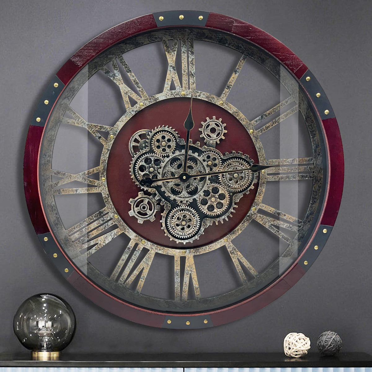 27 inch Large Real Moving Gears Wall Clock with Toughened Glass Cover, Oversized Solid Wood Retro Farmhouse Clock, Giant Decorative Rustic Wall Clock for Living Room Home Kitchen Office (Black)