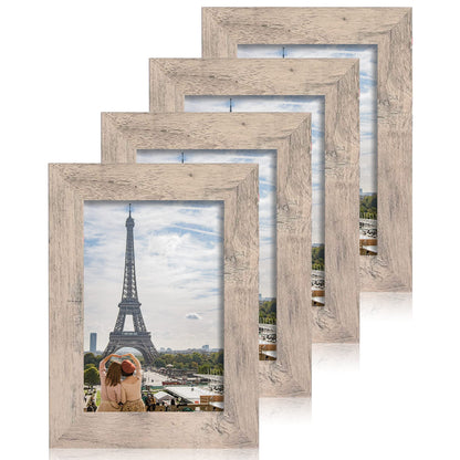 iRahmen 5x7 Picture Frame Set of 4, High Definition Real Glass Rustic Brown Frame, 5 x 7 Wood Photo Frames for Tabletop Display and Wall Mounting