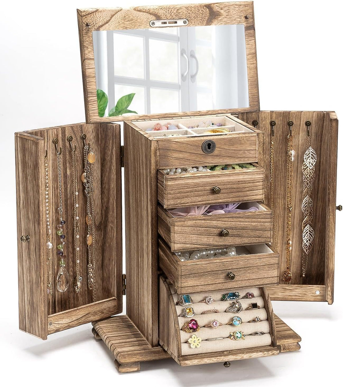 Miratino Jewelry Boxes for Women, 5 Layer Large Wooden Jewelry Organizer Box with Lock, Mirror & Drawers, Jewelry Boxes & Organizers for Necklaces Earrings Rings Bracelets (Rustic Brown)