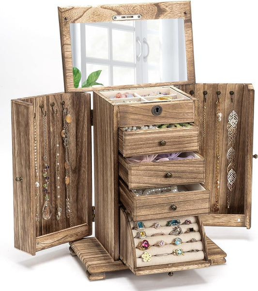 Miratino Jewelry Boxes for Women, 5 Layer Large Wooden Jewelry Organizer Box with Lock, Mirror & Drawers, Jewelry Boxes & Organizers for Necklaces Earrings Rings Bracelets (Rustic Brown)