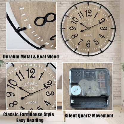 30 Inch Oversized Farmhouse Wall Clock, Metal Rustic Wood with Silent Quartz Movement, Easy Read Arabic Numerals, Battery Powered Decorative Wall Clock for Living Room Bedroom Kitchen Office