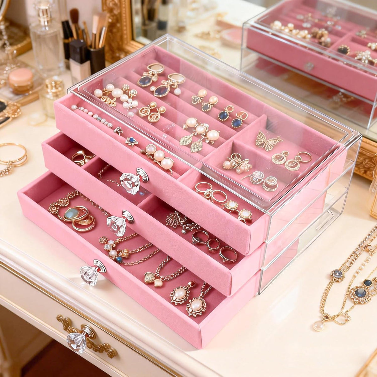 Clear Acrylic Velvet Jewelry Organizer with 3 Drawers, Stackable Display Storage Earrings Necklace Rings Bracelets Box Holder Case for Women, Pink