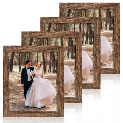 iRahmen 5x7 Picture Frame Set of 4, High Definition Real Glass Rustic Brown Frame, 5 x 7 Wood Photo Frames for Tabletop Display and Wall Mounting