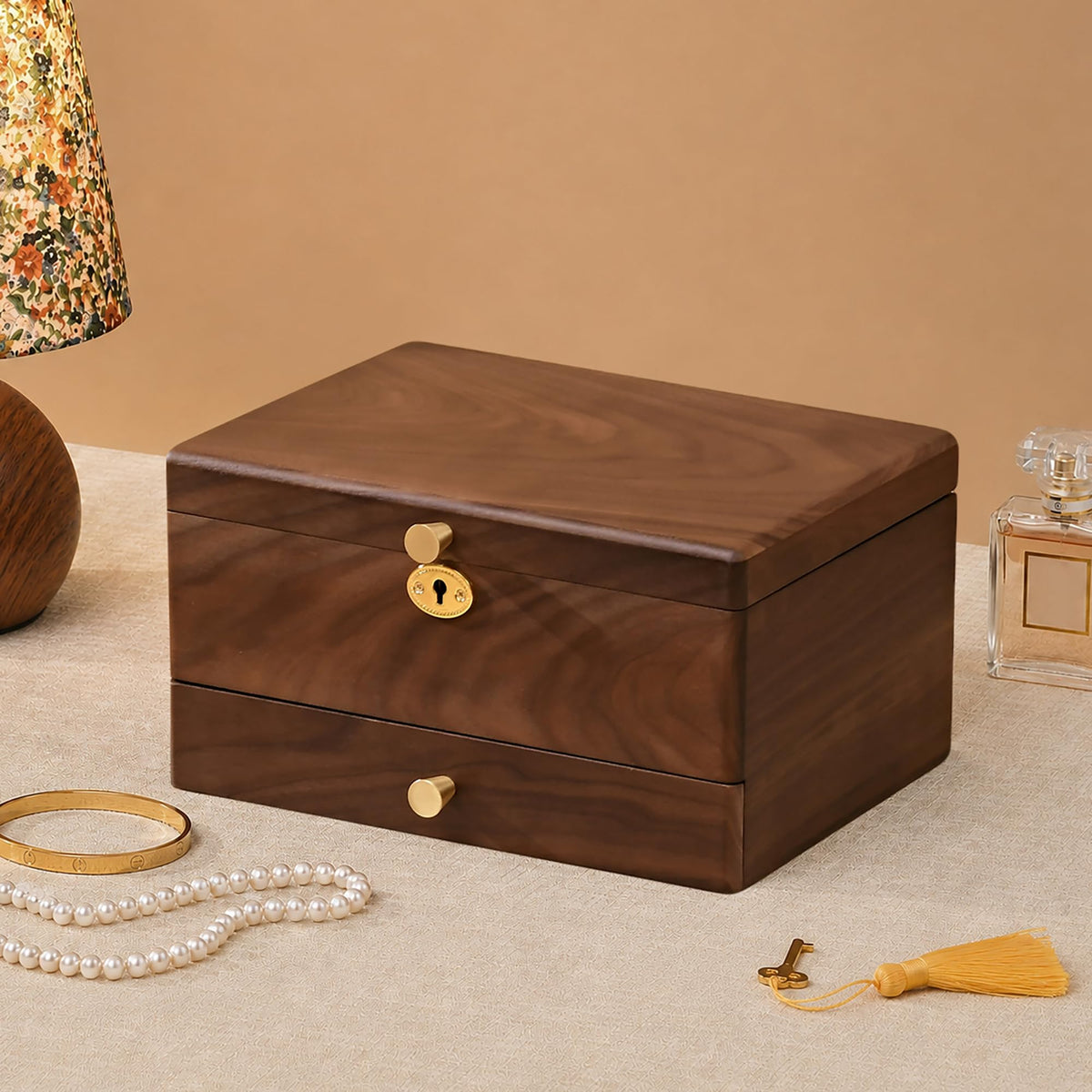 Black Walnut Wooden Jewelry Box for Women, 3 Layer Organizer with Drawer