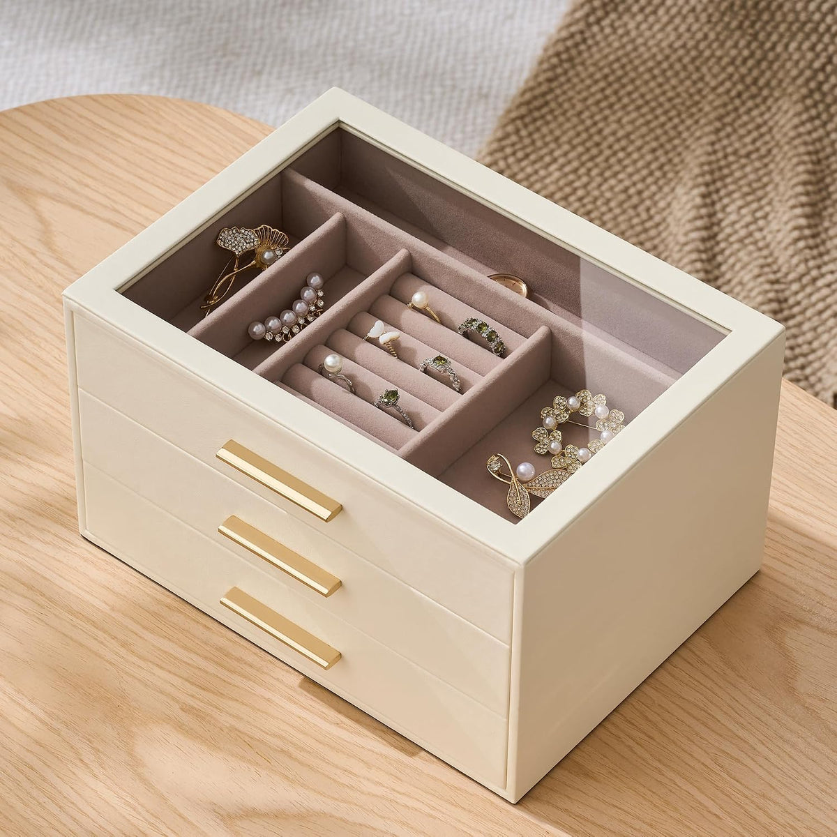 Jewelry Box Organizer Storage Case, 3-Layer with Glass Window, White