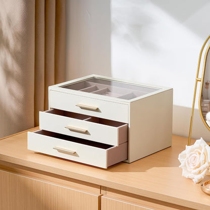 Jewelry Box Organizer Storage Case, 3-Layer with Glass Window, White