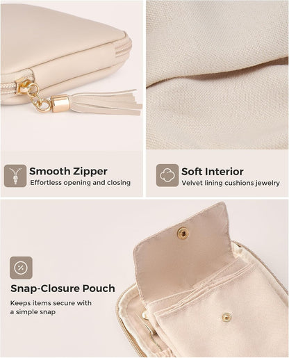 Lolalet Travel Jewelry Case Organizer, Small Soft Jewellery Pouch -Oatmeal