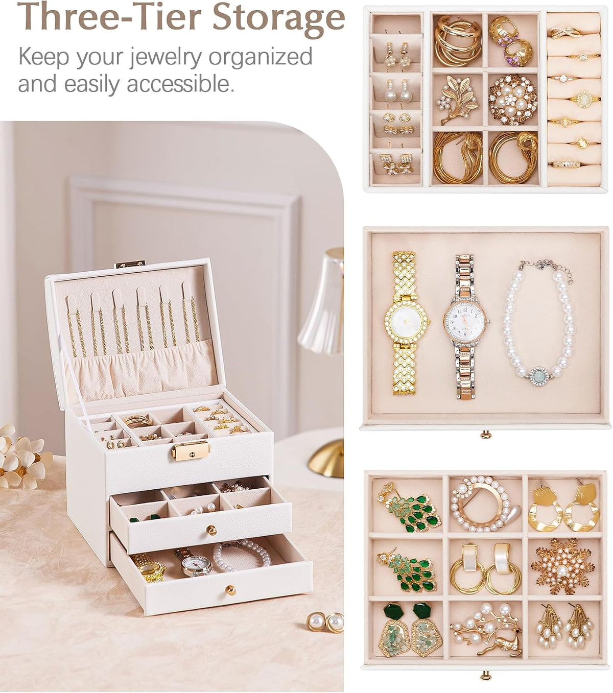 Homde Small Jewelry Box for Girls: 3-Layer Lockable Organizer (Cloud White)