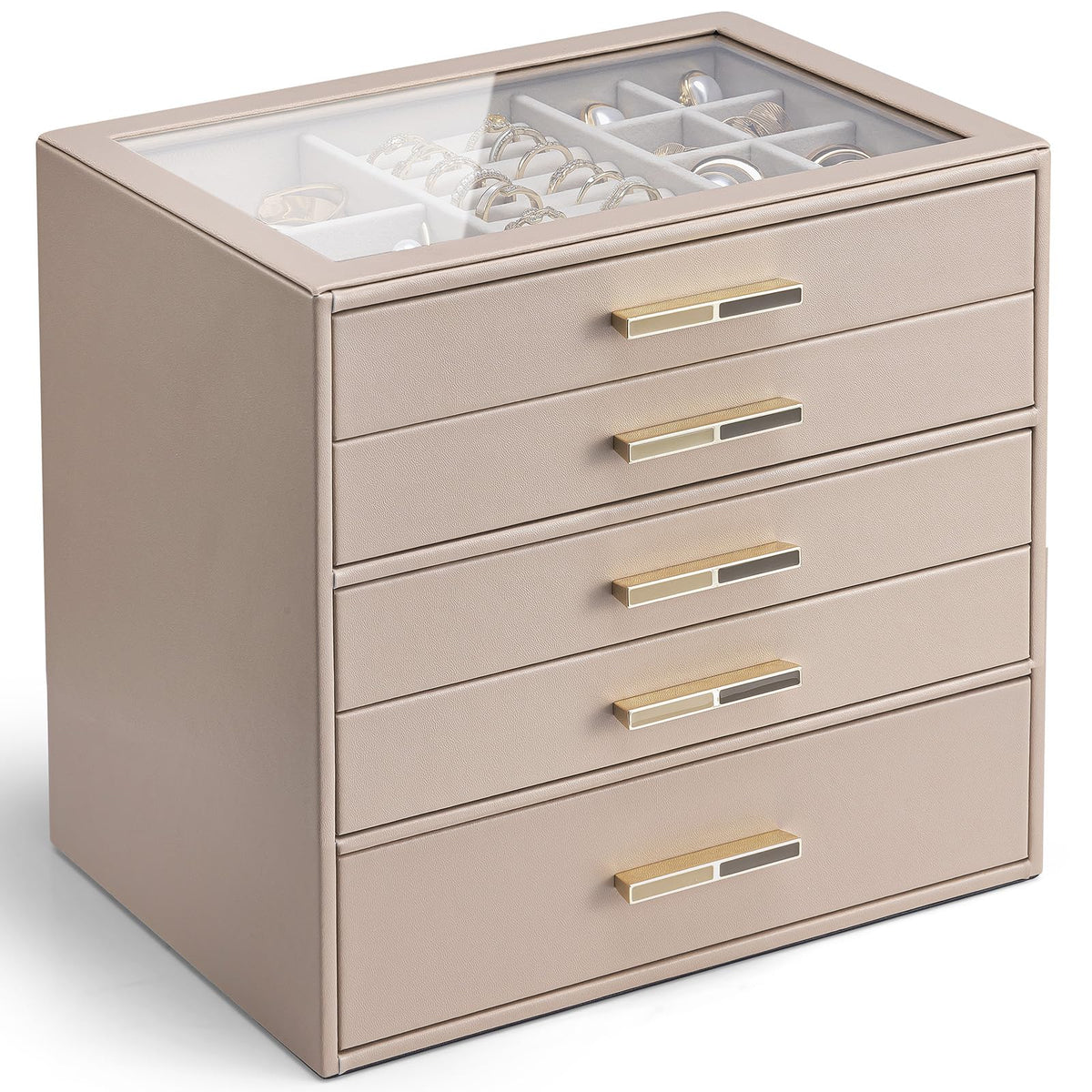 VLANDO Jewelry Box Organizer, 3-Layer Storage Drawers, Glass Window, Modern