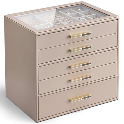VLANDO Jewelry Box Organizer, 3-Layer Storage Drawers, Glass Window, Modern