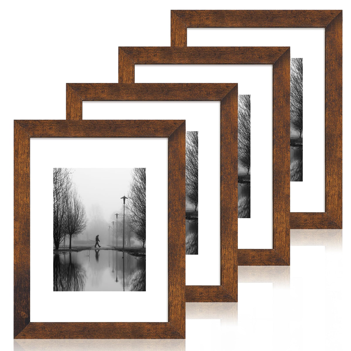 iRahmen 5x7 Picture Frame Set of 4, High Definition Real Glass Rustic Brown Frame, 5 x 7 Wood Photo Frames for Tabletop Display and Wall Mounting