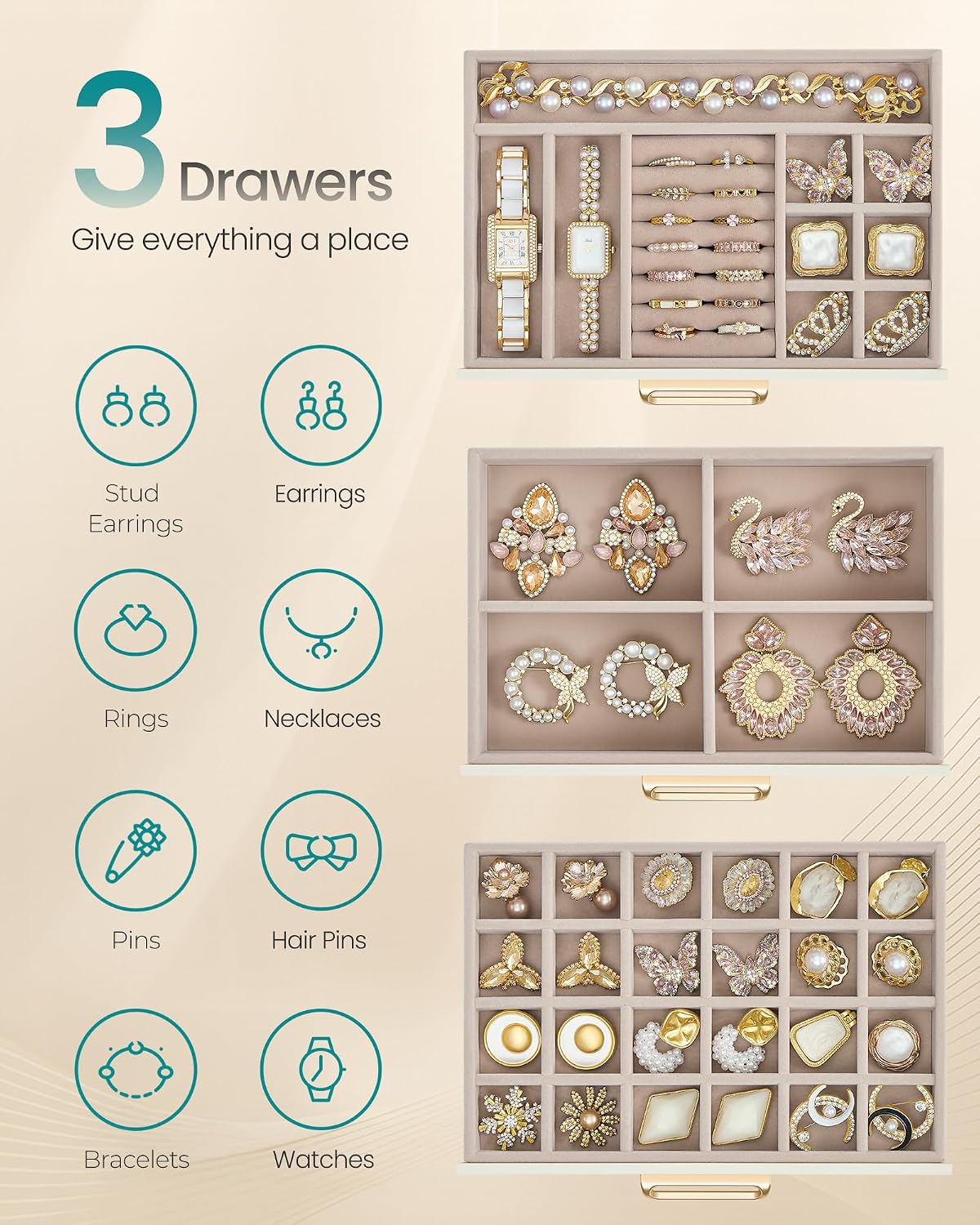 SONGMICS 3-Layer Jewelry Box with Glass Window, 3 Drawers, Golden Handles