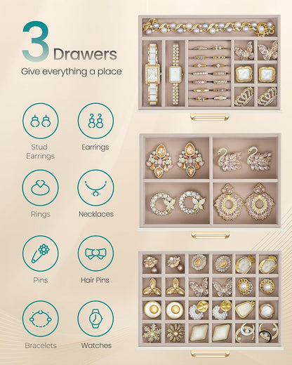 SONGMICS 3-Layer Jewelry Box with Glass Window, 3 Drawers, Golden Handles