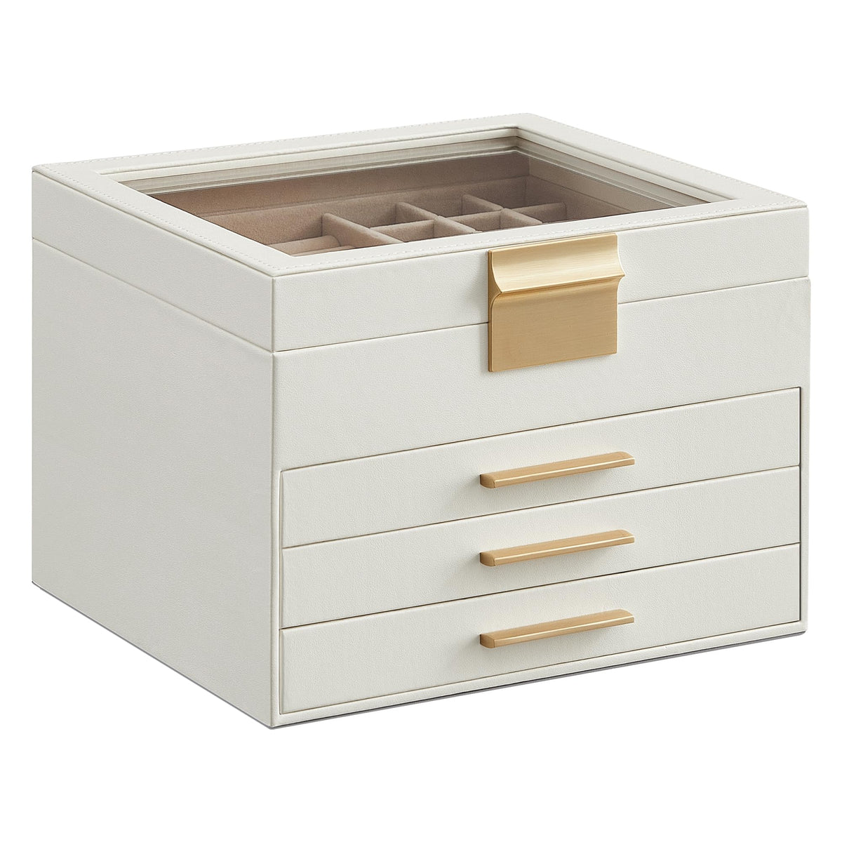 SONGMICS Jewelry Box Organizer, 3-Layer Storage with 2 Drawers, Glass Lid