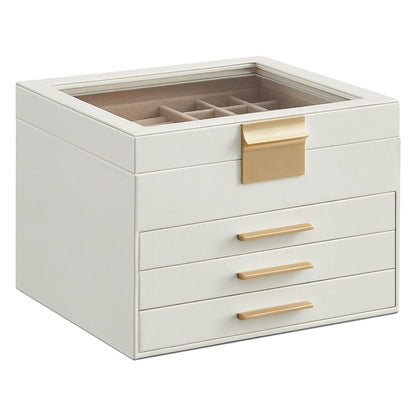 SONGMICS Jewelry Box Organizer, 3-Layer Storage with 2 Drawers, Glass Lid