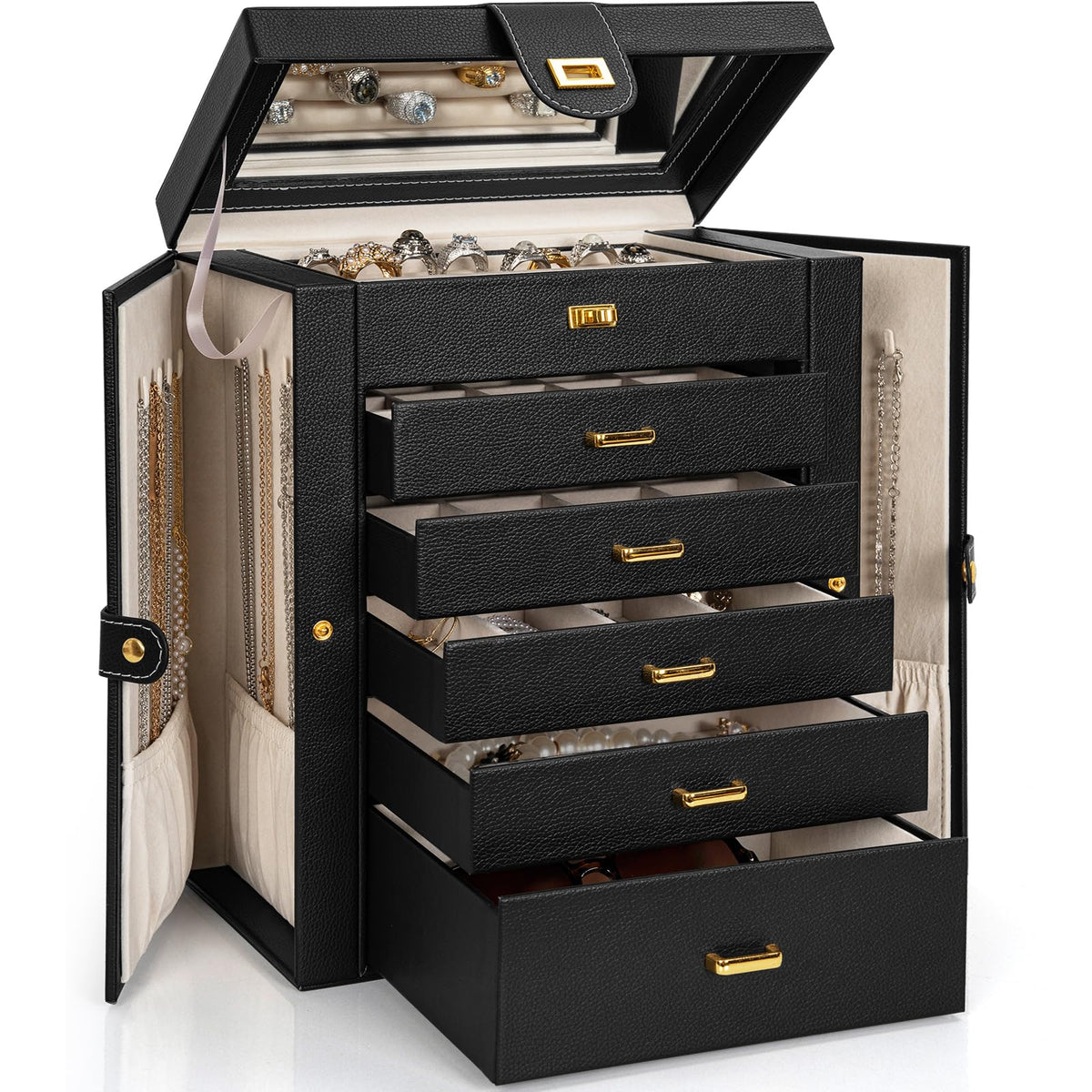 AKOZLIN 6-Tier Jewelry Box Organizer 5 Drawers Storage Black Regular