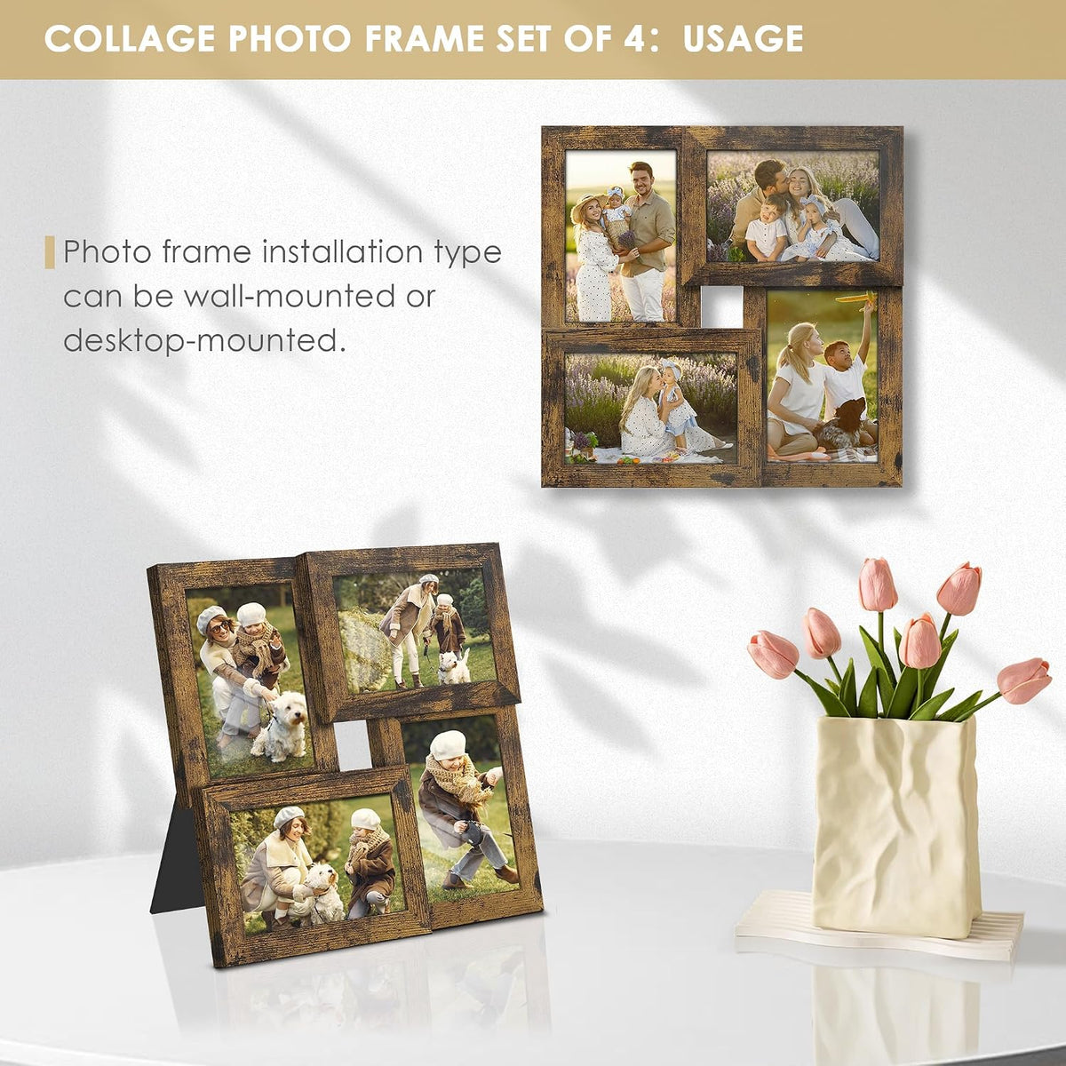 DUENPY 4x6 Collage Frame Tempered Glass For 4 4x6 Photos Brown