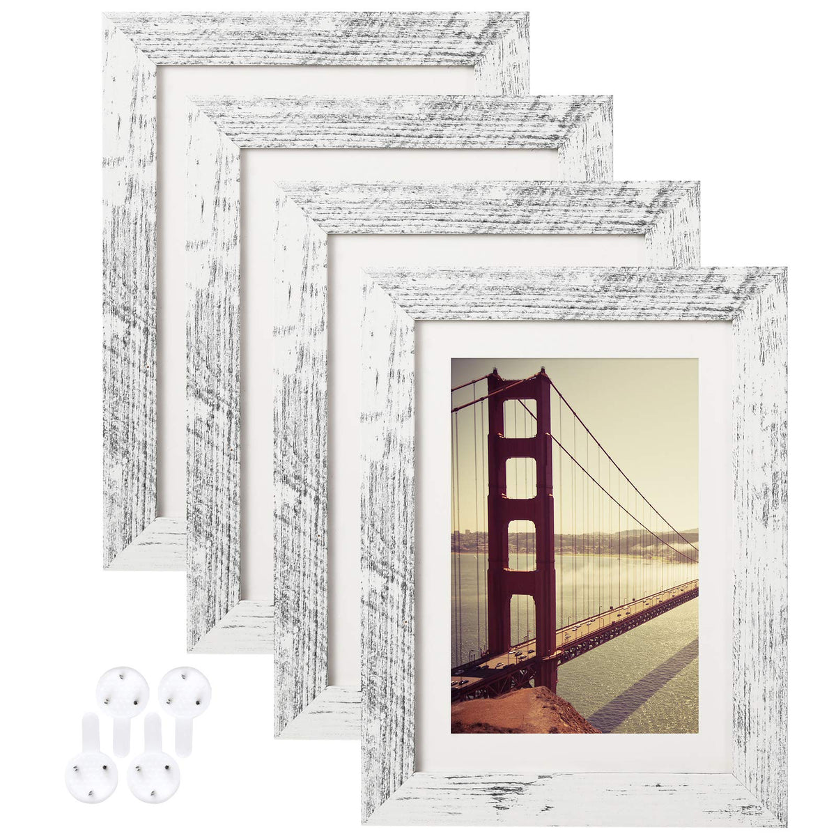BAIJIALI 5x7 Picture Frame Distressed Farmhouse Wood Pattern Set of 4,Display 4x6 with Mat or 5x7 Without Mat,Multicolour