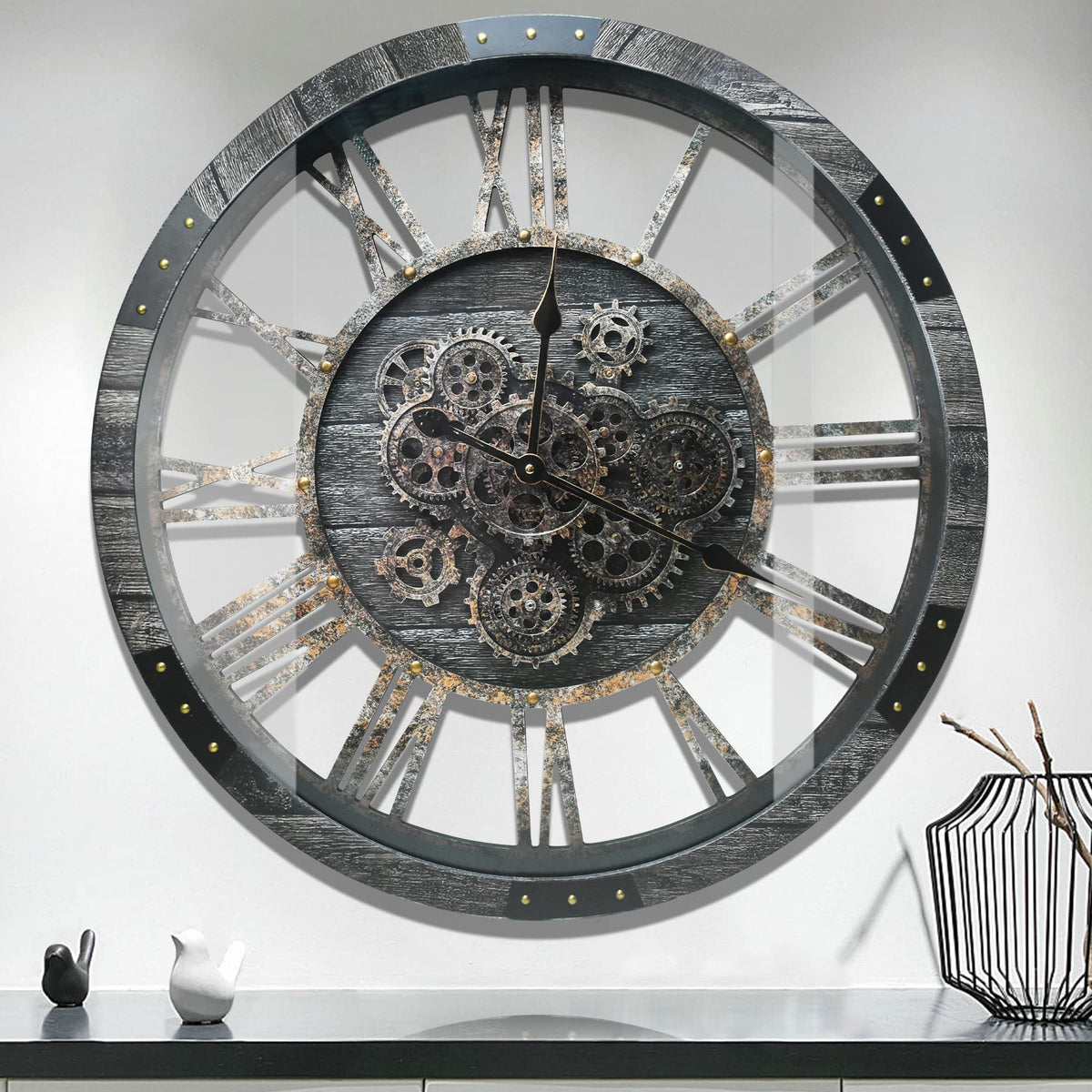 27 inch Large Real Moving Gears Wall Clock with Toughened Glass Cover, Oversized Solid Wood Retro Farmhouse Clock, Giant Decorative Rustic Wall Clock for Living Room Home Kitchen Office (Black)