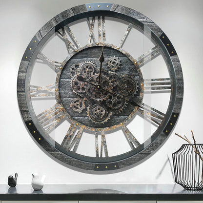 27 inch Large Real Moving Gears Wall Clock with Toughened Glass Cover, Oversized Solid Wood Retro Farmhouse Clock, Giant Decorative Rustic Wall Clock for Living Room Home Kitchen Office (Black)