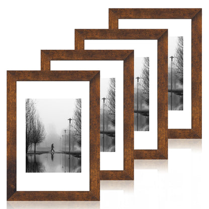 iRahmen 5x7 Picture Frame Set of 4, High Definition Real Glass Rustic Brown Frame, 5 x 7 Wood Photo Frames for Tabletop Display and Wall Mounting
