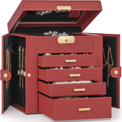 TORIBIO Jewelry Box for Women, Leather Jewelry Organizer with Mirror & Lock, 3-Tier Jewelry Storage Organizer with 2 Drawers for Girls/Women/Mothers, Necklace Earring Bracelets Holder Organizer