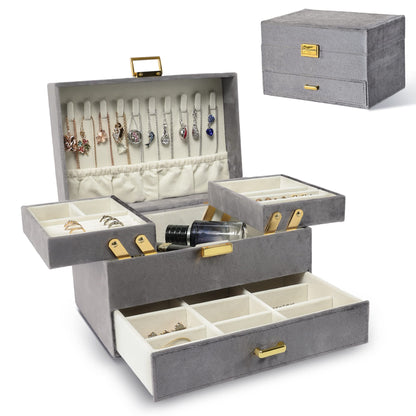 Dajasan Jewelry Organizer Box, Large Jewelry Boxes for Women Girls, Space-Saving 3 Layers Jewelry Storage Case with Drawer, Movable Metal Stand, Modern, Gift Idea (Black)