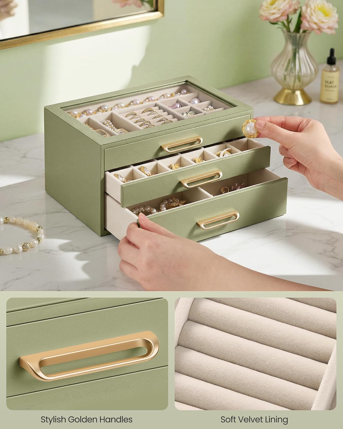 SONGMICS 3-Layer Jewelry Box with Glass Window, 3 Drawers, Golden Handles