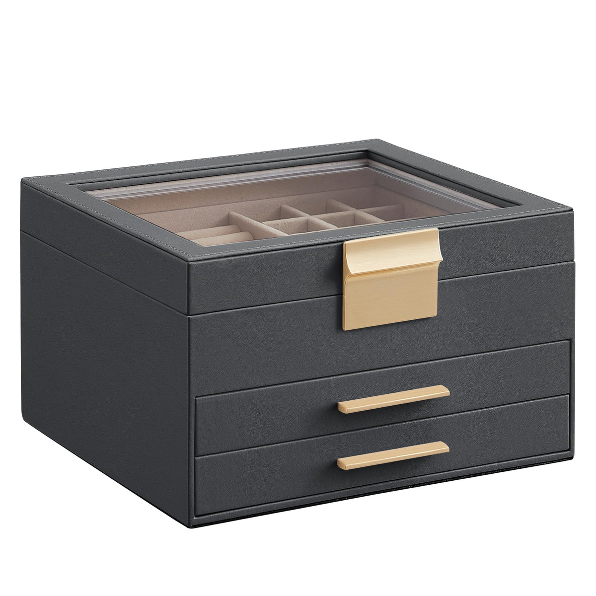 SONGMICS Jewelry Box Organizer, 3-Layer Storage with 2 Drawers, Glass Lid