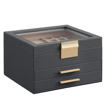 SONGMICS Jewelry Box Organizer, 3-Layer Storage with 2 Drawers, Glass Lid