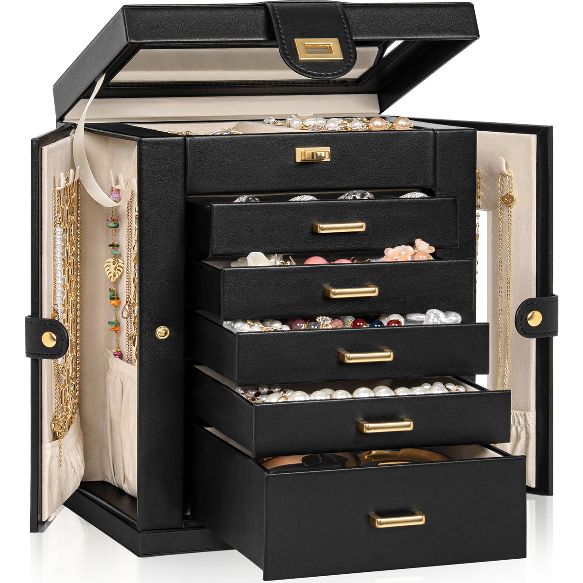AKOZLIN 6-Tier Jewelry Box Organizer 5 Drawers Storage Black Regular