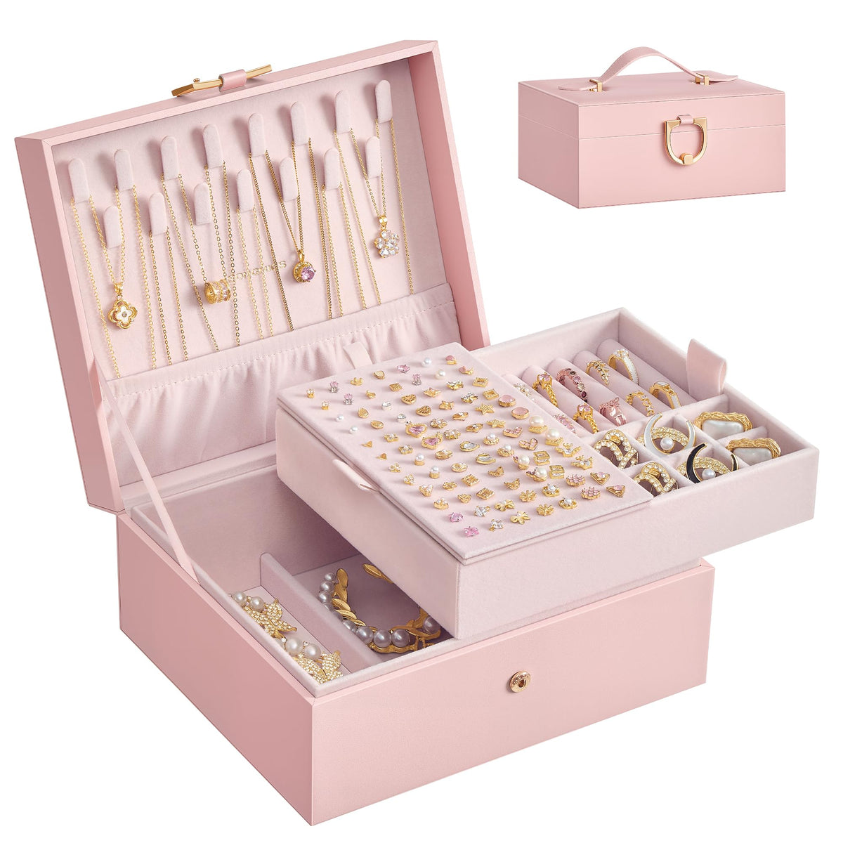 SONGMICS 2-Layer Jewelry Box, Jewelry Organizer with Handle, Removable Tray